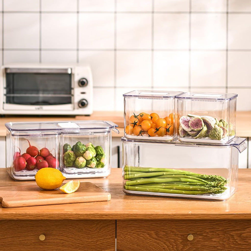 elabo Fruit Storage Containers for Fridge Fresh Produce Saver -3 Pack Stackable Fridge Organizers Bins with Lids, Drain Tray, Food Storage Container for Vegetables, Lettuce, Salad and Berry, BPA-free