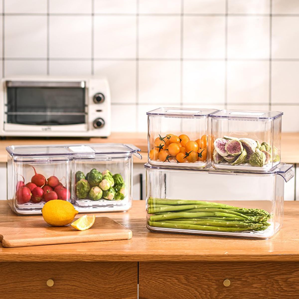 elabo Fruit Storage Containers for Fridge Fresh Produce Saver -3 Pack Stackable Fridge Organizers Bins with Lids, Drain Tray, Food Storage Container for Vegetables, Lettuce, Salad and Berry, BPA-free