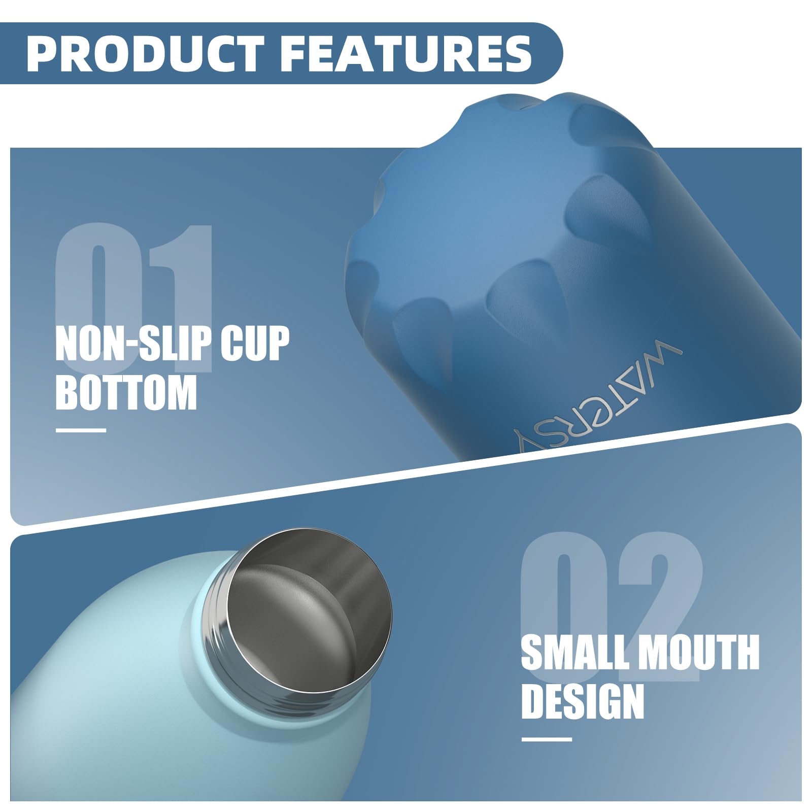 WATERSY Stainless Steel water bottles,17oz/500ml Insulated Water Bottles,Deep Blue metal water bottle Keeps Drink Cold and Hot,BPA Free kids water bottles for School,Gym,Travel,Sports