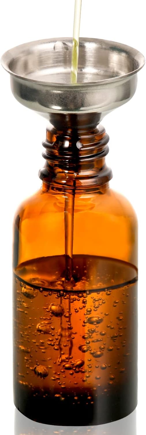 4 Pack, 2 oz Bottles with Dropper & 1 Funnel & 4 Labels - Essential Oils Bottles for Health, Personal Care & Beauty - 60ml Thick Dark Amber Glass Tincture Bottles, Refillable Cosmetic Containers