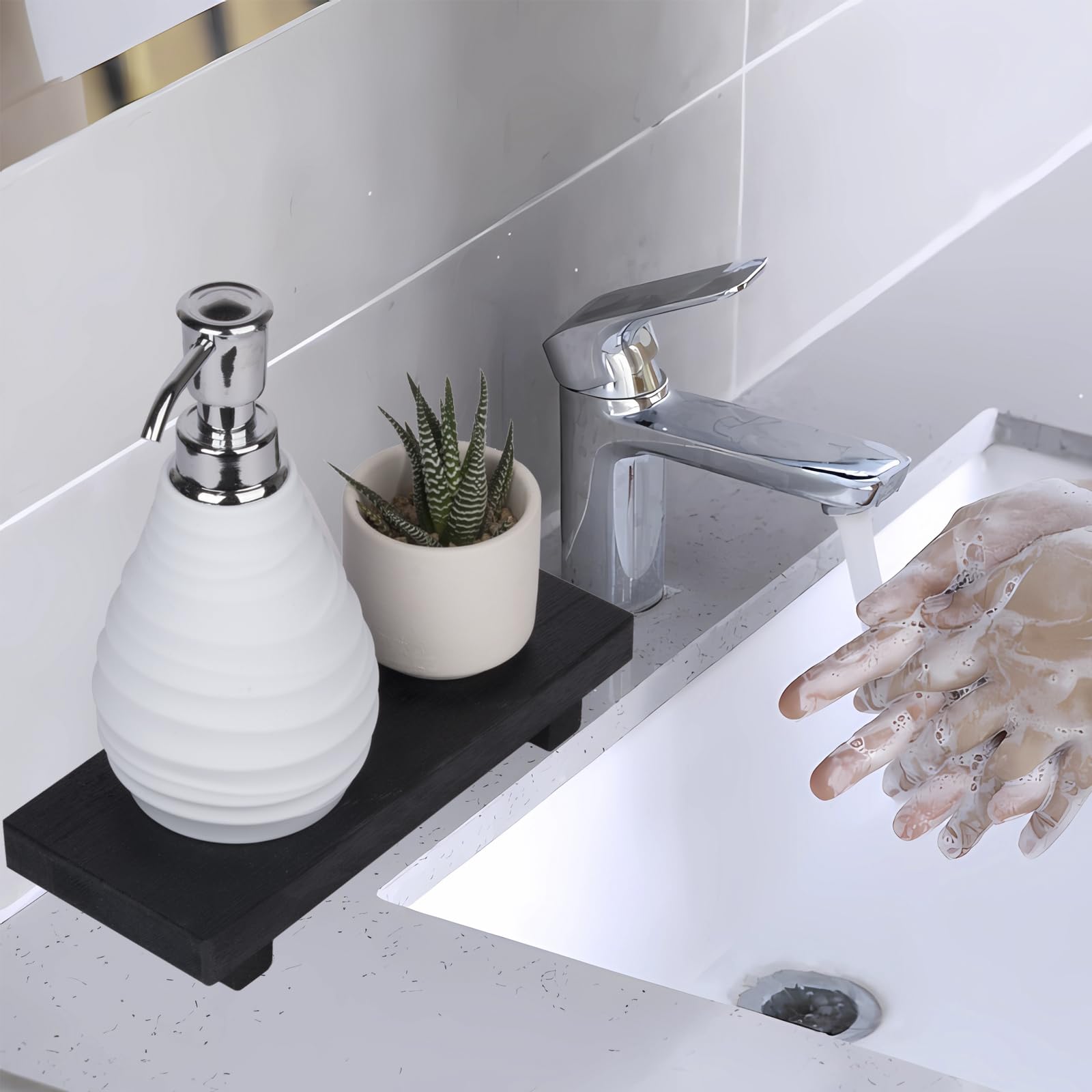 zoocatia Small Wood Tray Pedestal Stand Farmhouse Bathroom Decor Decorative Wooden Riser Kitchen Soap Dish Holder for Vanity, Counter, Sink, 9" x 5.9" - Black