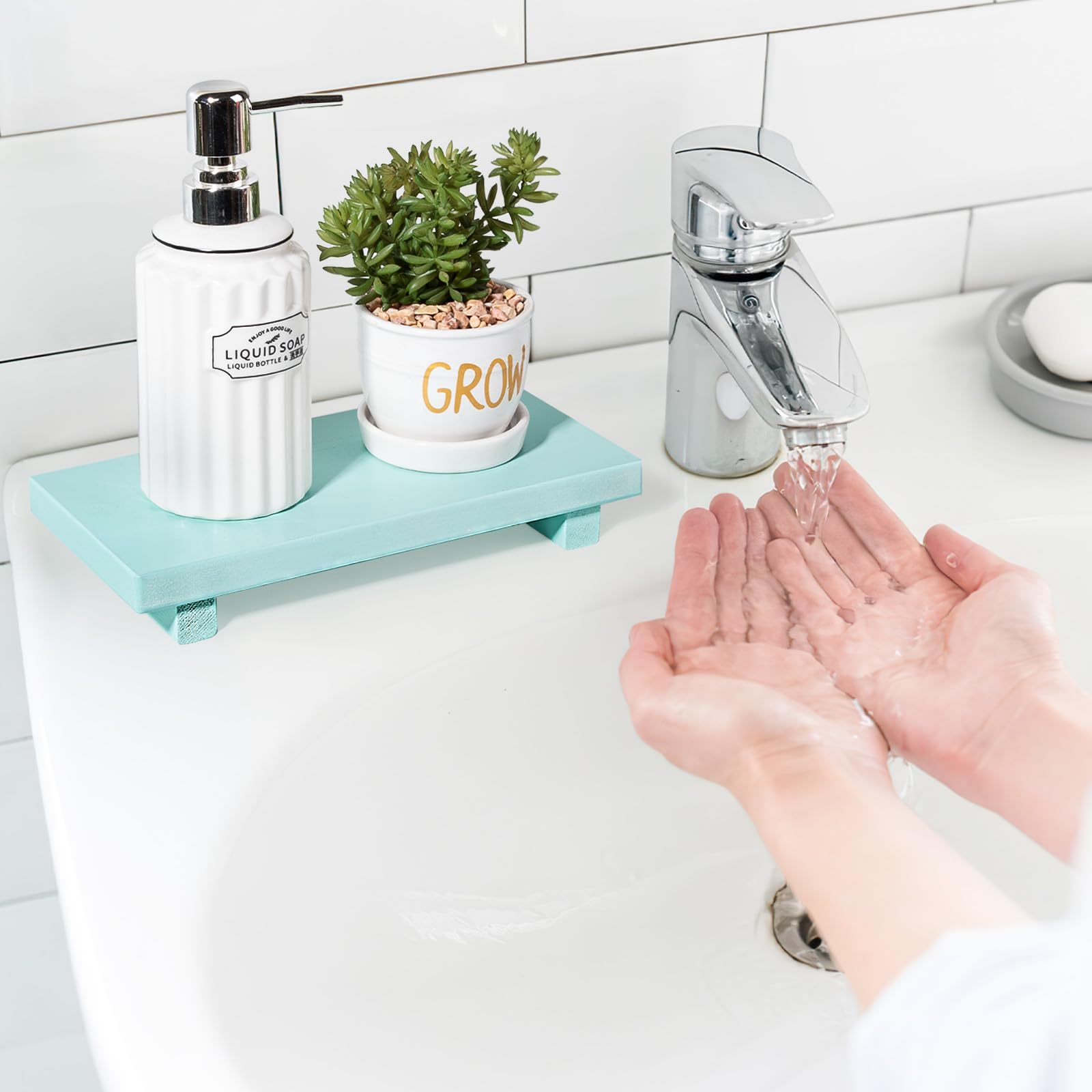 zoocatia Small Wood Tray Pedestal Stand Farmhouse Bathroom Decor Decorative Wooden Riser Kitchen Soap Dish Holder for Vanity, Counter, Sink, 9" x 5.9" - Black