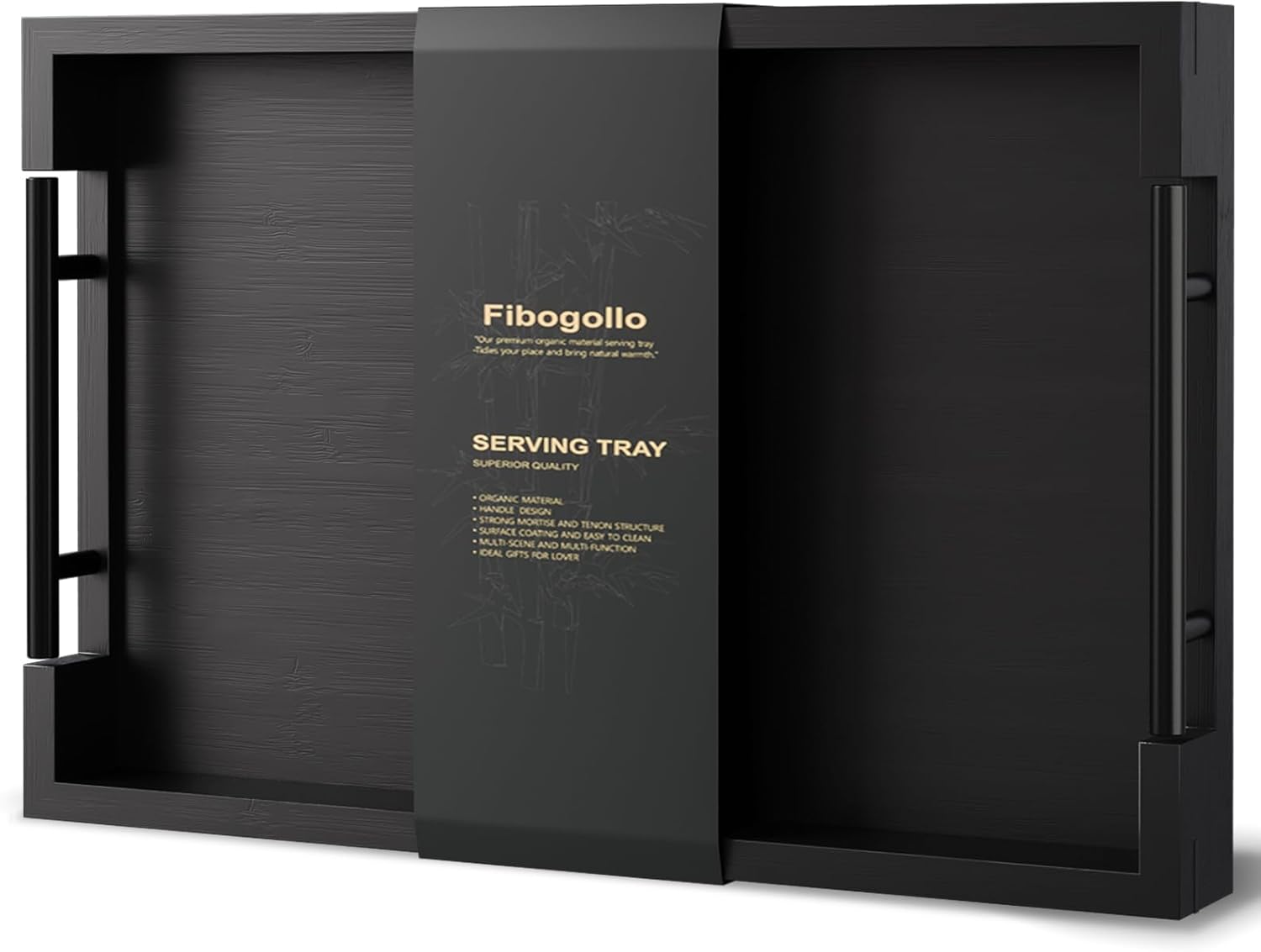 Bamboo Set of 2 Serving Tray with Metal Handles,Ottoman Decorative Trays Platter for Coffee Table,Living Room,Bar,Party(Black)