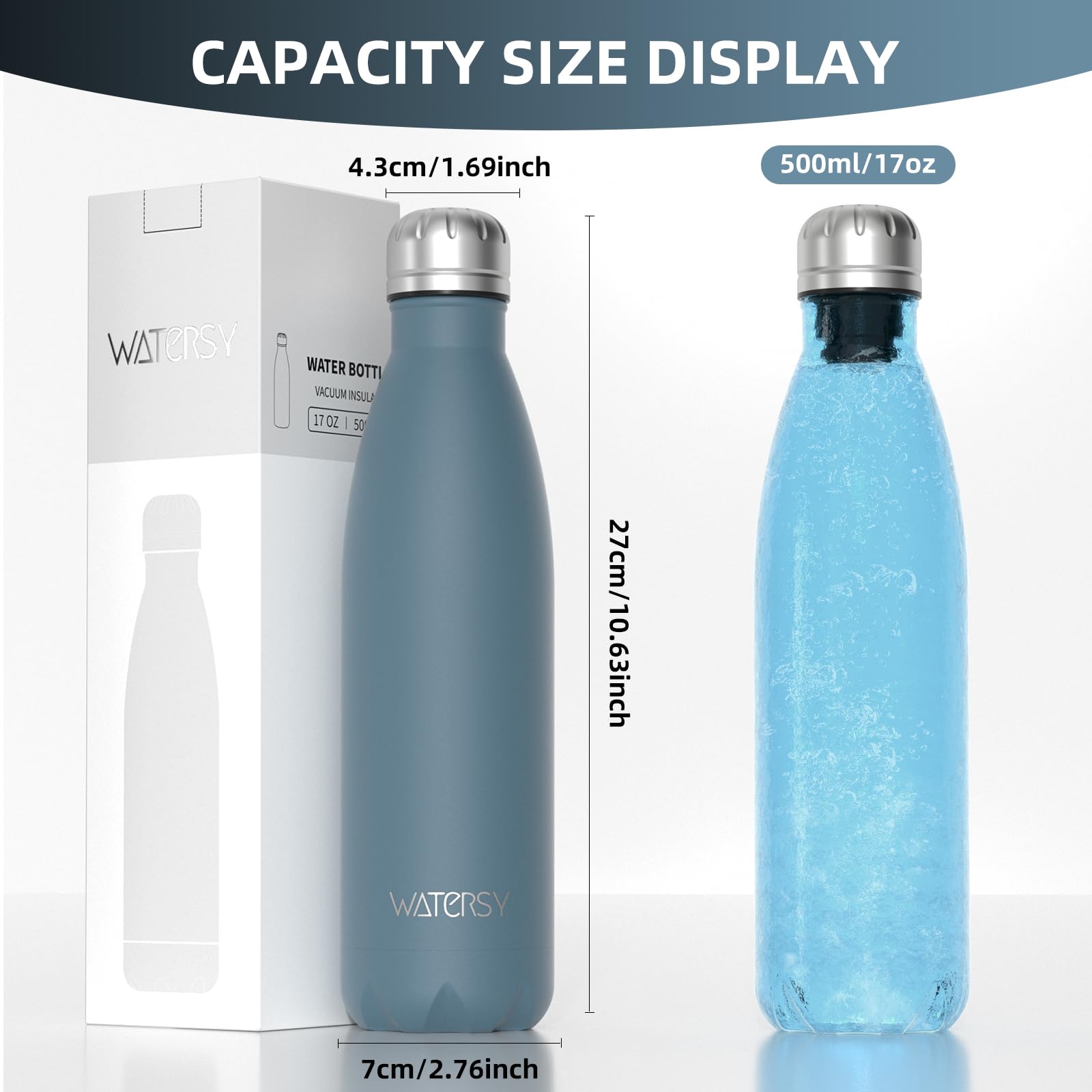 WATERSY Stainless Steel water bottles,17oz/500ml Insulated Water Bottles,Deep Blue metal water bottle Keeps Drink Cold and Hot,BPA Free kids water bottles for School,Gym,Travel,Sports