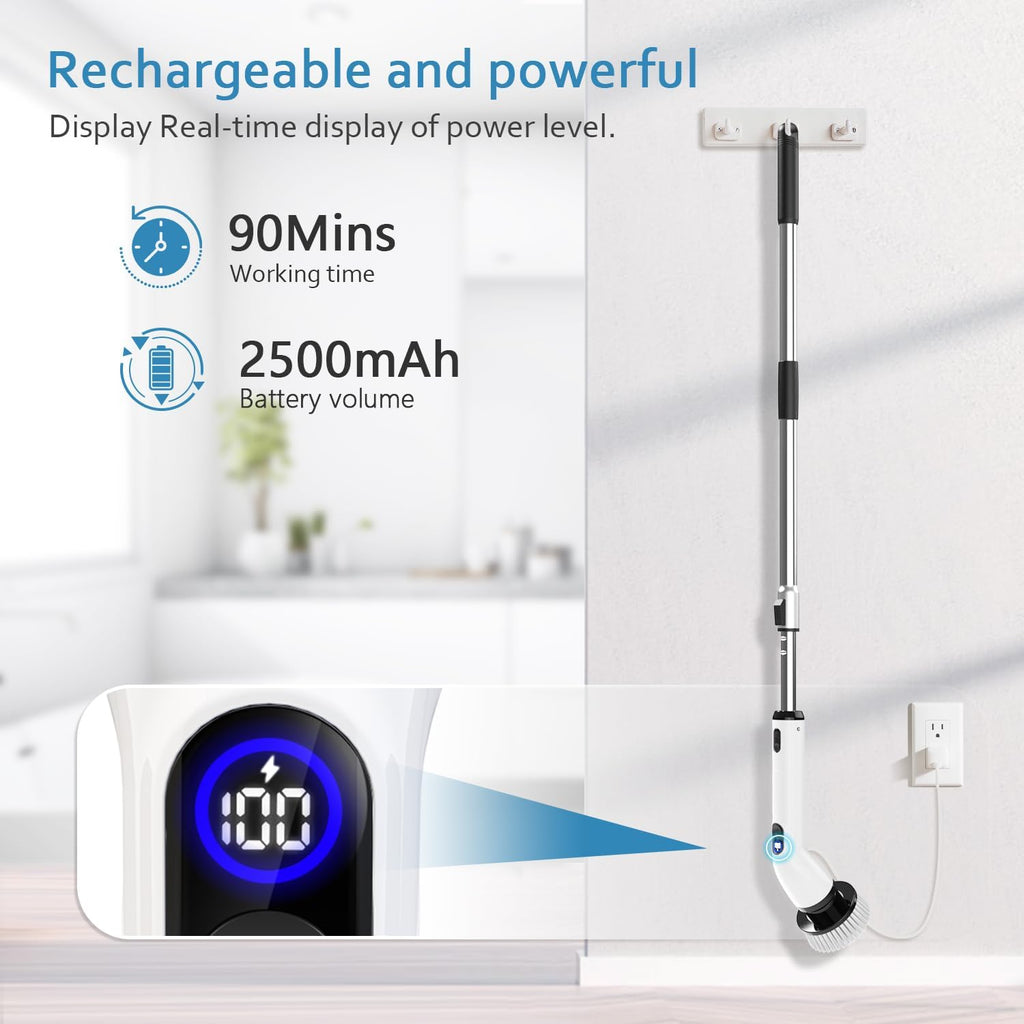 TUYU Electric Spin Scrubber, Full-Body IPX7 Waterproof Bathroom Scrubber with Power LCD Display, Adjustable Extension Handle, Cordless Shower Cleaner Brush for Bathtub Kitchen Wall Cleaning
