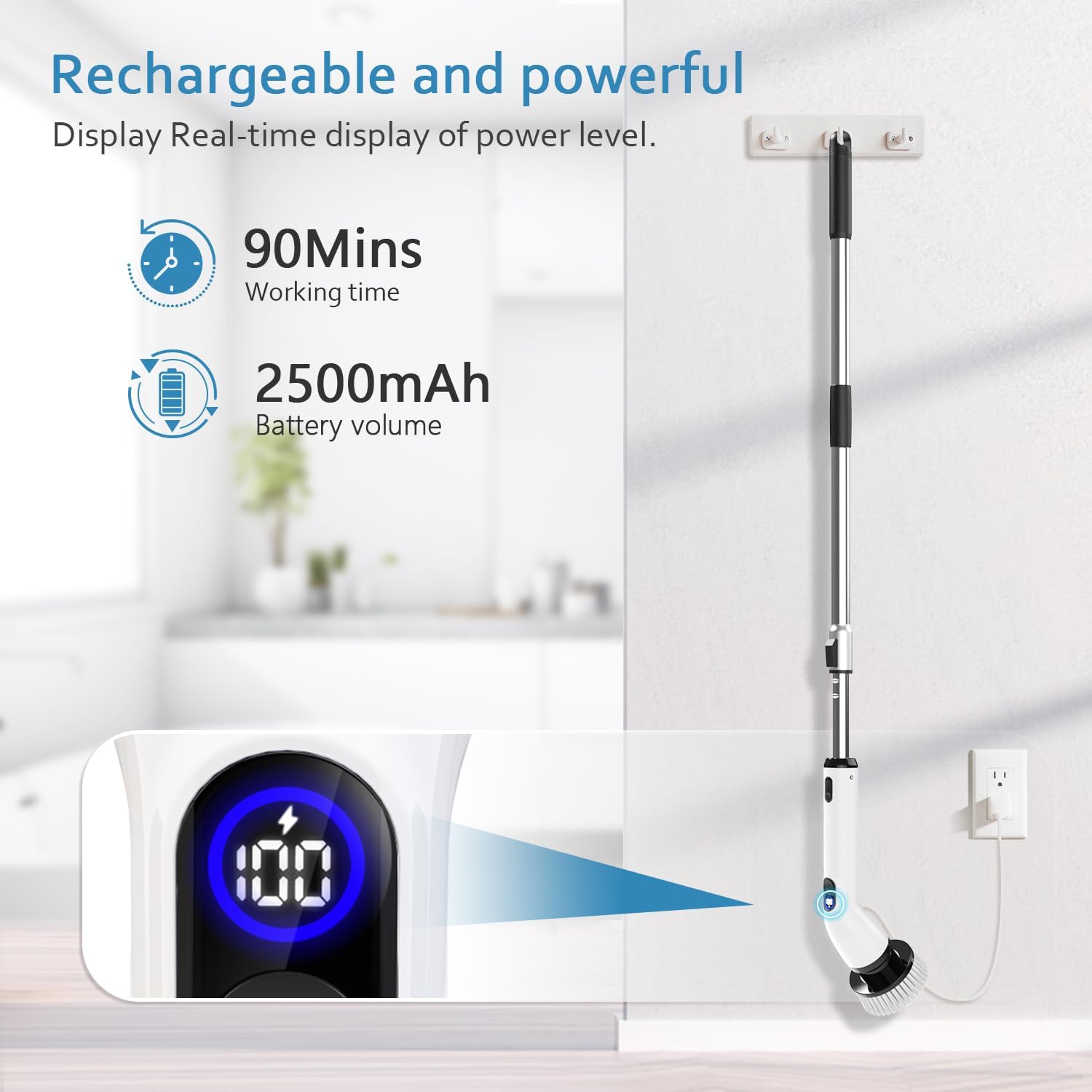 TUYU Electric Spin Scrubber, Full-Body IPX7 Waterproof Bathroom Scrubber with Power LCD Display, Adjustable Extension Handle, Cordless Shower Cleaner Brush for Bathtub Kitchen Wall Cleaning