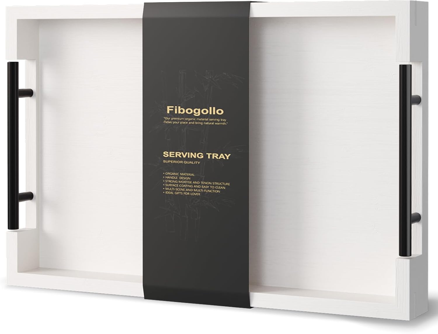 Bamboo Set of 2 Serving Tray with Metal Handles,Ottoman Decorative Trays Platter for Coffee Table,Living Room,Bar,Party(Black)