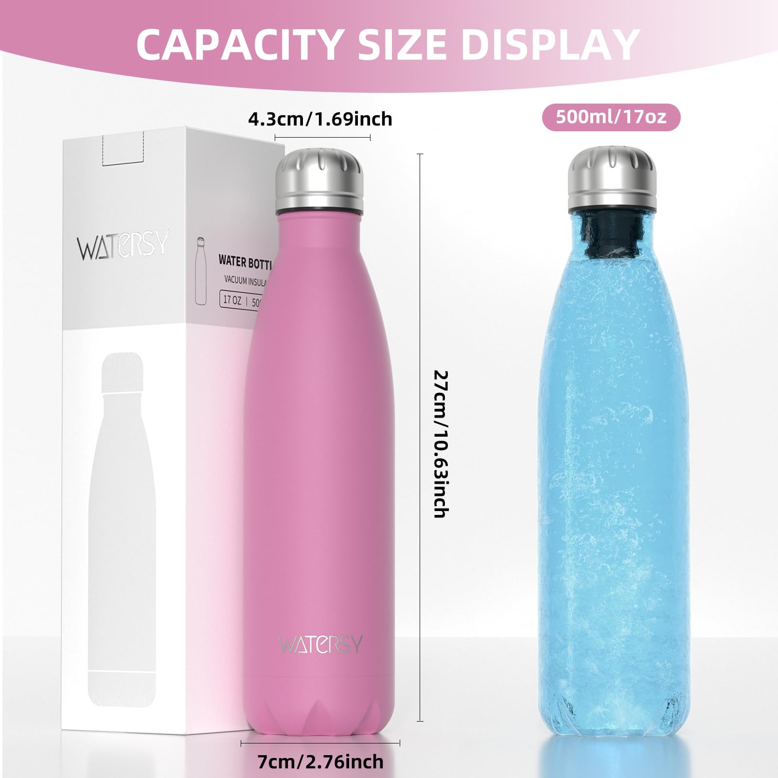 WATERSY Stainless Steel water bottles,17oz/500ml Insulated Water Bottles,Deep Blue metal water bottle Keeps Drink Cold and Hot,BPA Free kids water bottles for School,Gym,Travel,Sports