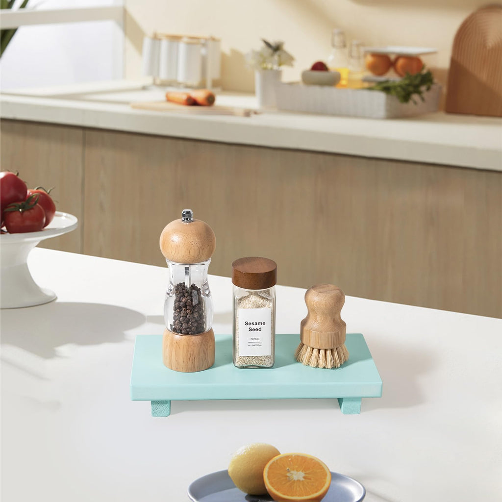 zoocatia Small Wood Tray Pedestal Stand Farmhouse Bathroom Decor Decorative Wooden Riser Kitchen Soap Dish Holder for Vanity, Counter, Sink, 9" x 5.9" - Black