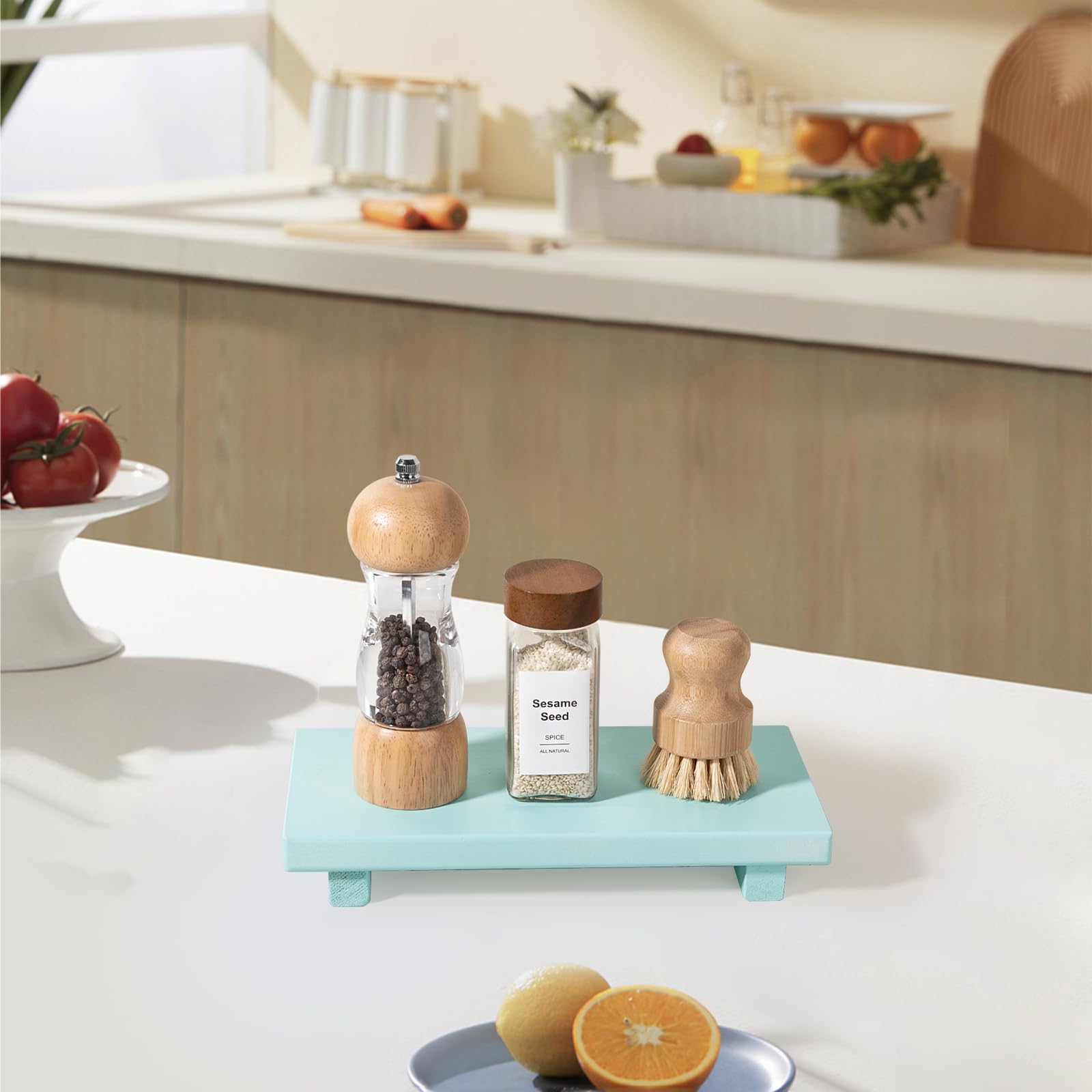 zoocatia Small Wood Tray Pedestal Stand Farmhouse Bathroom Decor Decorative Wooden Riser Kitchen Soap Dish Holder for Vanity, Counter, Sink, 9" x 5.9" - Black