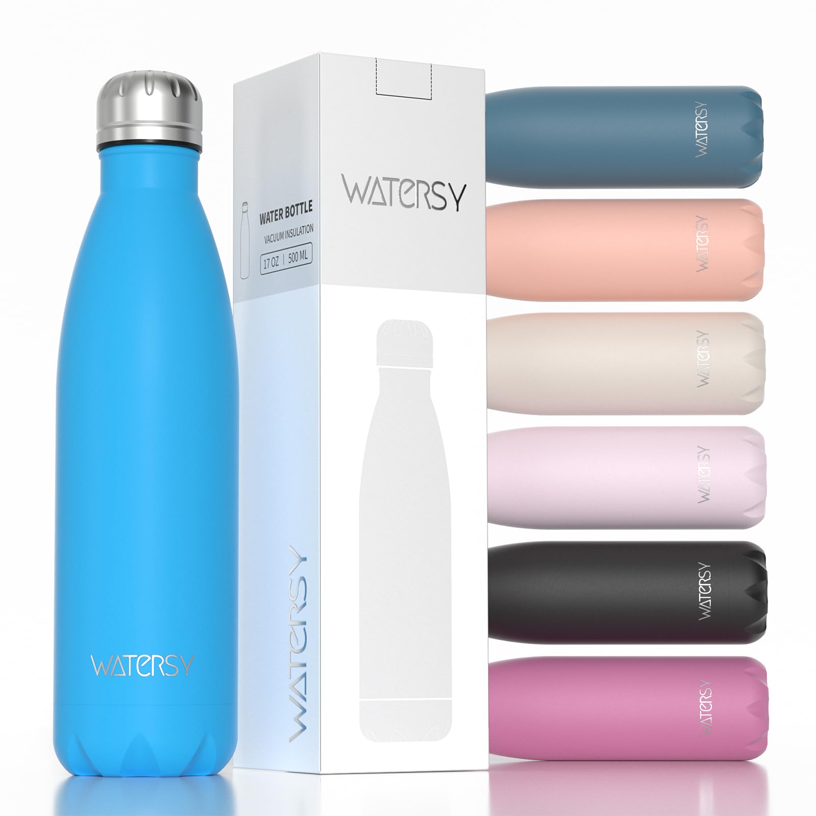 WATERSY Stainless Steel water bottles,17oz/500ml Insulated Water Bottles,Deep Blue metal water bottle Keeps Drink Cold and Hot,BPA Free kids water bottles for School,Gym,Travel,Sports