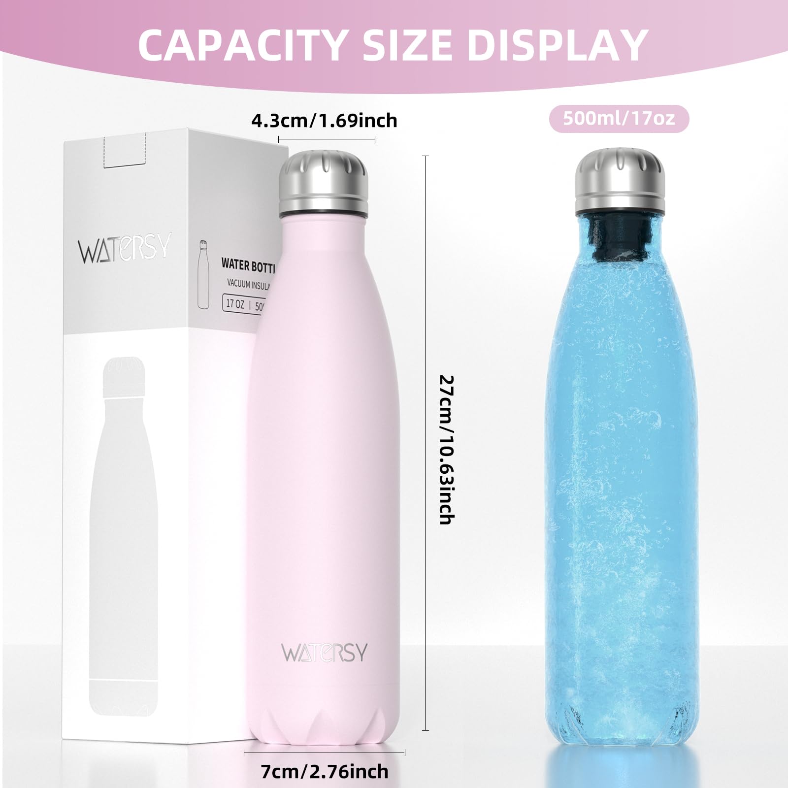 WATERSY Stainless Steel water bottles,17oz/500ml Insulated Water Bottles,Deep Blue metal water bottle Keeps Drink Cold and Hot,BPA Free kids water bottles for School,Gym,Travel,Sports