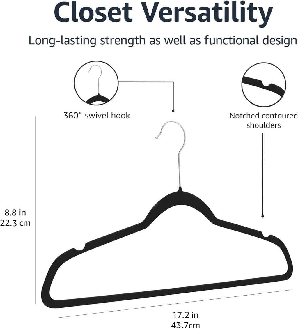 Amazon Basics Slim Velvet, Non-Slip Suit Clothes Hangers, Pack of 100, Black