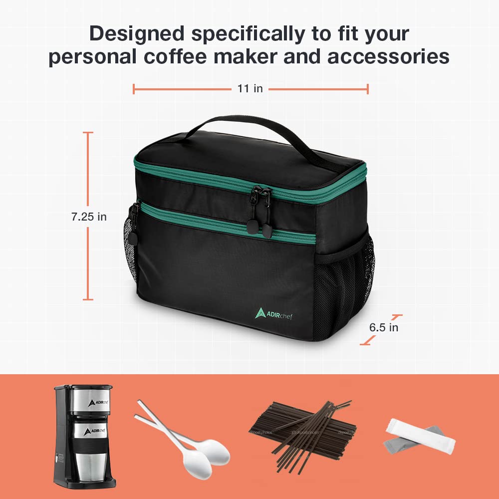 Adir Mini Single Serve Travel Coffee Maker Pouch Organizer, Portable For Travel, Camping, Office Lunch Bag For Grab & Go Daily Use (Black & Green)