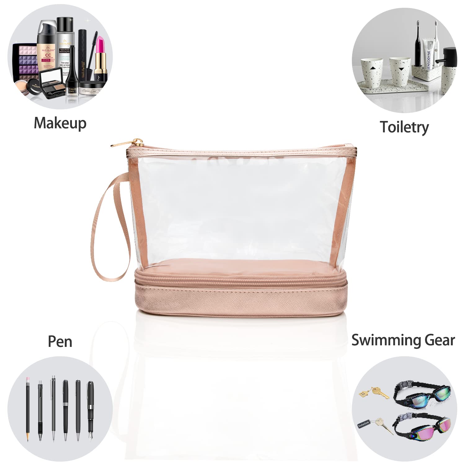 Ethereal Clear Makeup Bag, TSA Travel Makeup Organizer Bag Rose Gold Makeup Bags for Women Small Cosmetic Bag Portable Makeup Bag for Purse