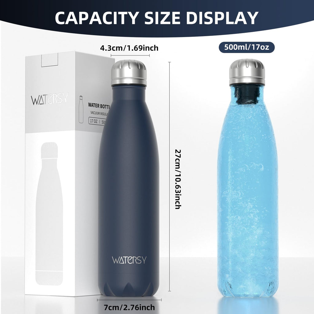 WATERSY Stainless Steel water bottles,17oz/500ml Insulated Water Bottles,Deep Blue metal water bottle Keeps Drink Cold and Hot,BPA Free kids water bottles for School,Gym,Travel,Sports
