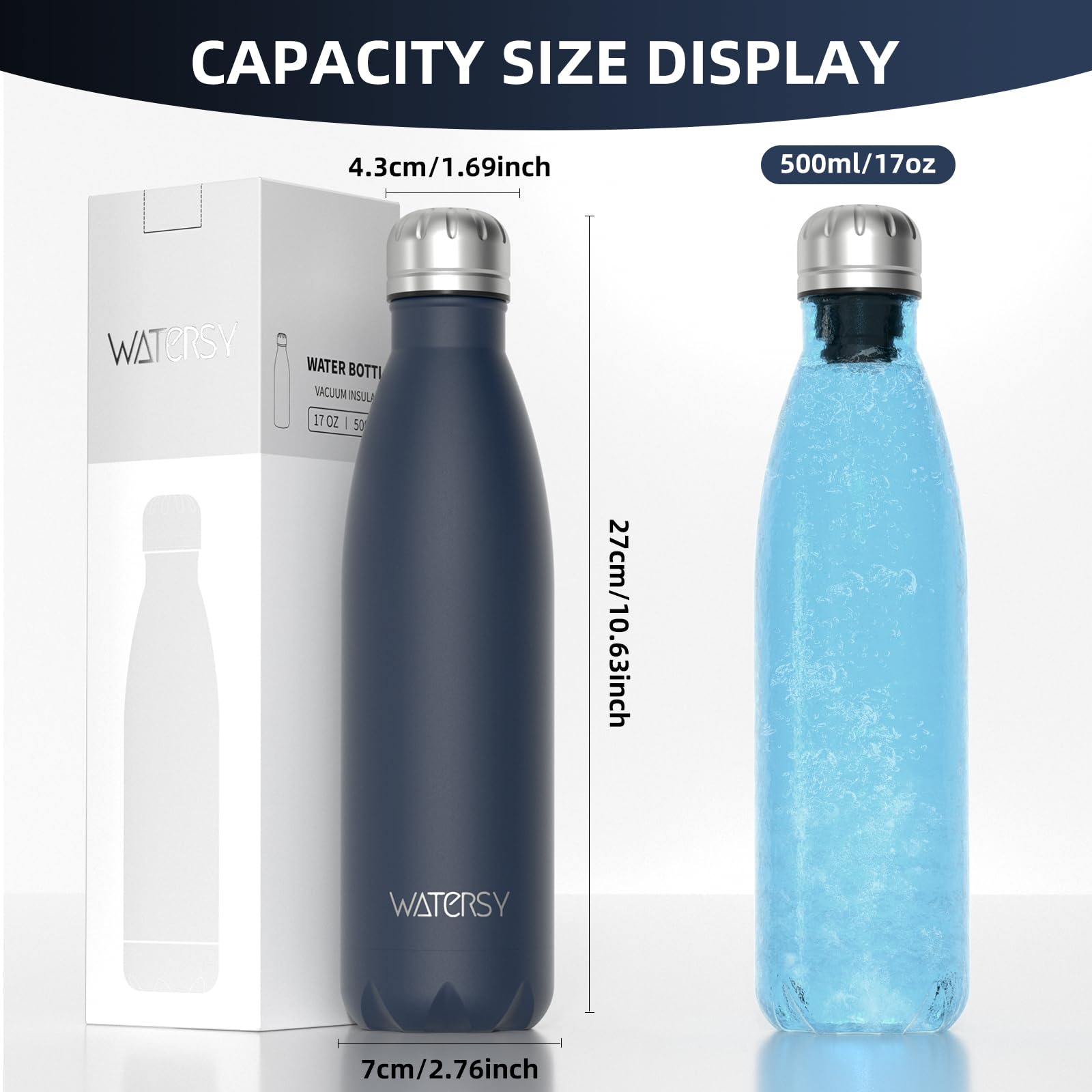 WATERSY Stainless Steel water bottles,17oz/500ml Insulated Water Bottles,Deep Blue metal water bottle Keeps Drink Cold and Hot,BPA Free kids water bottles for School,Gym,Travel,Sports