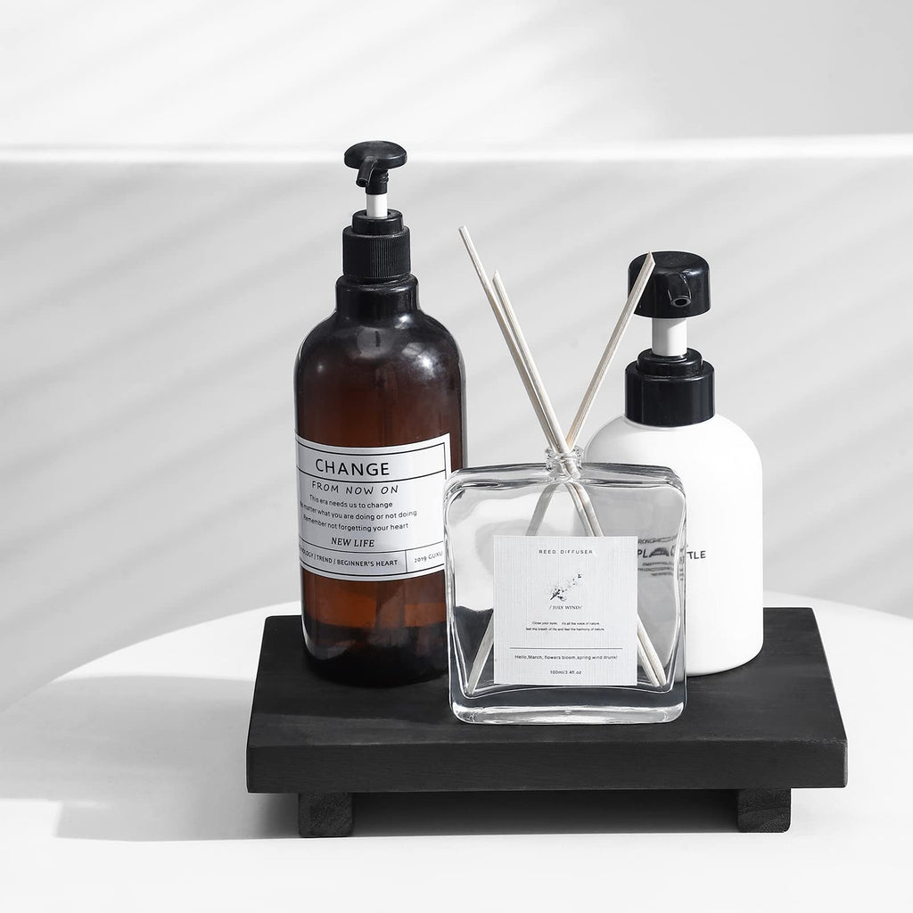 zoocatia Small Wood Tray Pedestal Stand Farmhouse Bathroom Decor Decorative Wooden Riser Kitchen Soap Dish Holder for Vanity, Counter, Sink, 9" x 5.9" - Black