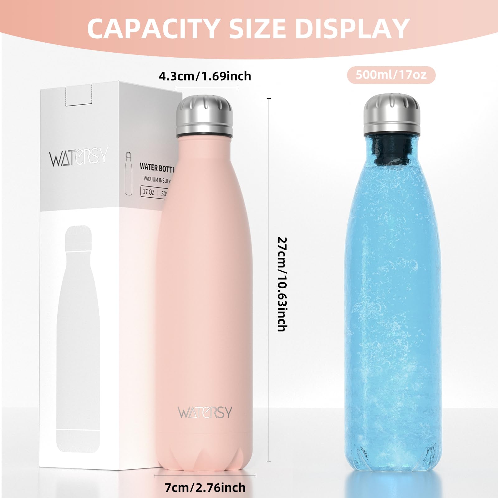WATERSY Stainless Steel water bottles,17oz/500ml Insulated Water Bottles,Deep Blue metal water bottle Keeps Drink Cold and Hot,BPA Free kids water bottles for School,Gym,Travel,Sports
