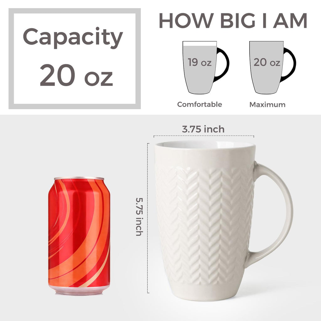 AmorArc Extra Large Coffee Mugs Set of 6, 20oz Ceramic Tall Coffee Mugs Set with Textured Geometric Patterns for Coffee/Tea/Beer/Hot Cocoa, Dishwasher & Microwave Safe,Beige