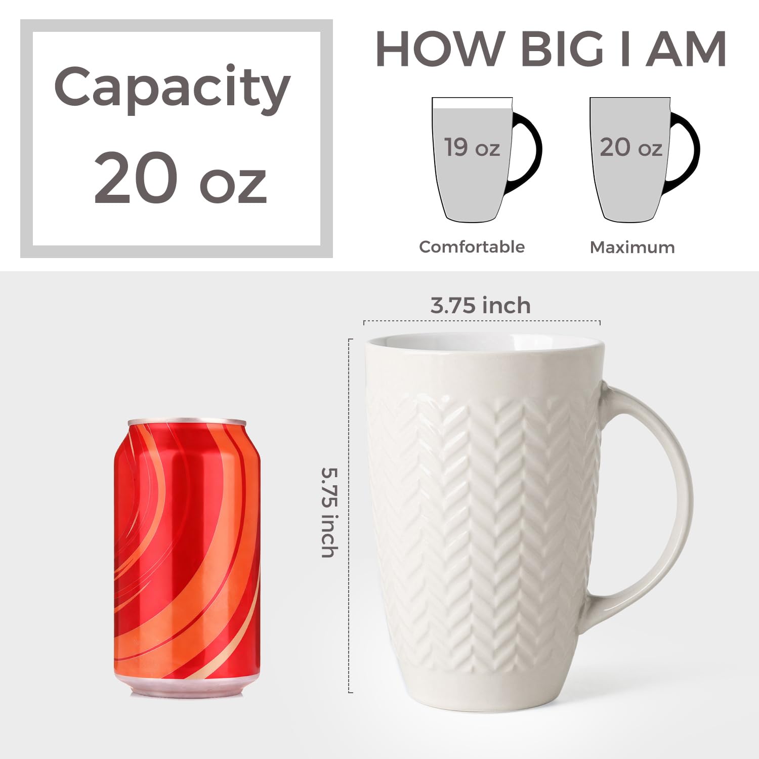 AmorArc Extra Large Coffee Mugs Set of 6, 20oz Ceramic Tall Coffee Mugs Set with Textured Geometric Patterns for Coffee/Tea/Beer/Hot Cocoa, Dishwasher & Microwave Safe,Beige