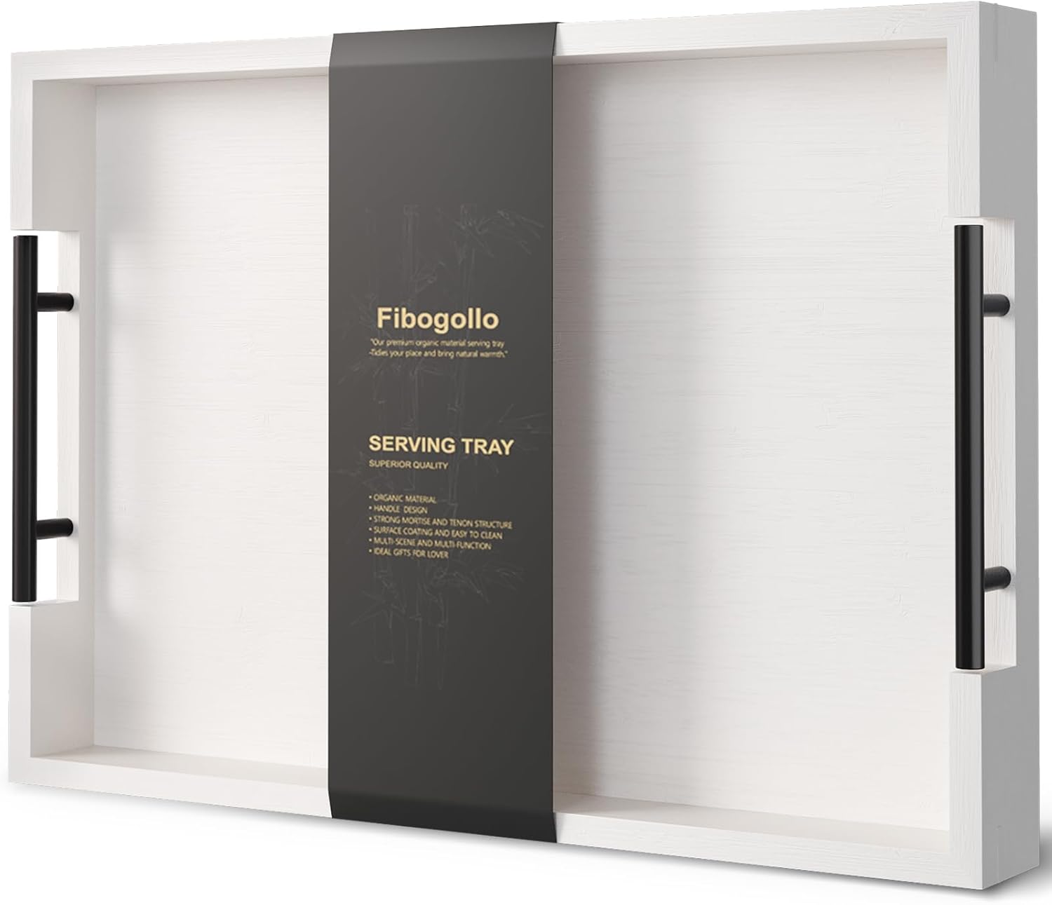 Bamboo Set of 2 Serving Tray with Metal Handles,Ottoman Decorative Trays Platter for Coffee Table,Living Room,Bar,Party(Black)