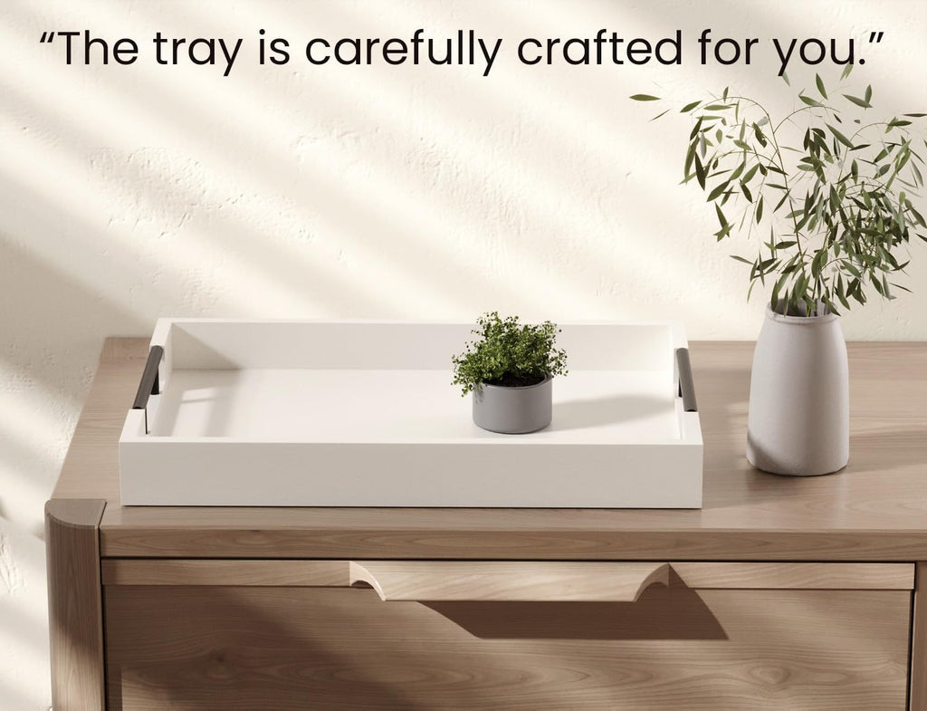 Bamboo Set of 2 Serving Tray with Metal Handles,Ottoman Decorative Trays Platter for Coffee Table,Living Room,Bar,Party(Black)