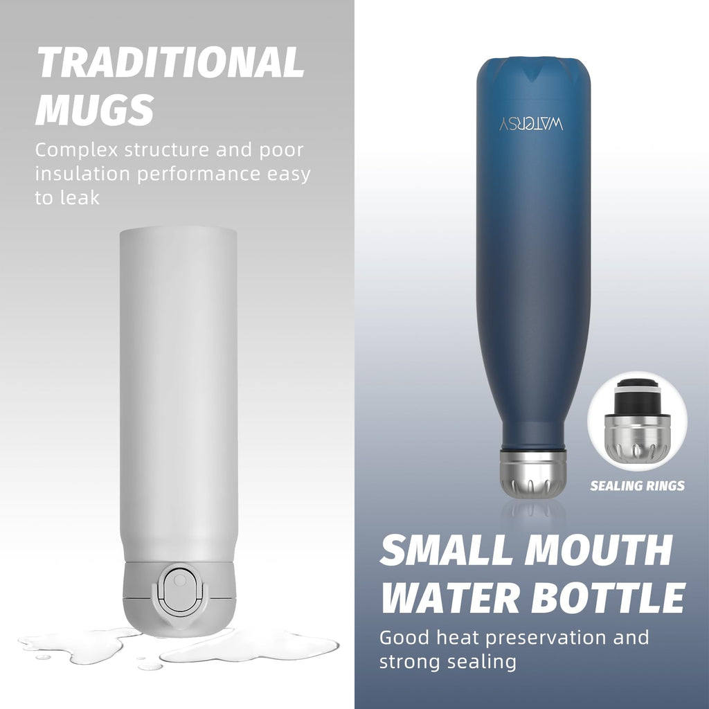 WATERSY Stainless Steel water bottles,17oz/500ml Insulated Water Bottles,Deep Blue metal water bottle Keeps Drink Cold and Hot,BPA Free kids water bottles for School,Gym,Travel,Sports