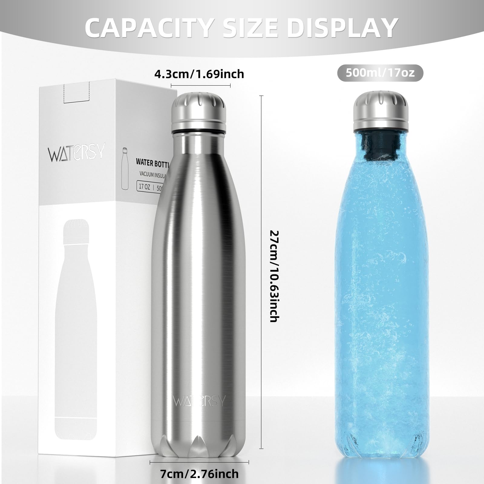 WATERSY Stainless Steel water bottles,17oz/500ml Insulated Water Bottles,Deep Blue metal water bottle Keeps Drink Cold and Hot,BPA Free kids water bottles for School,Gym,Travel,Sports