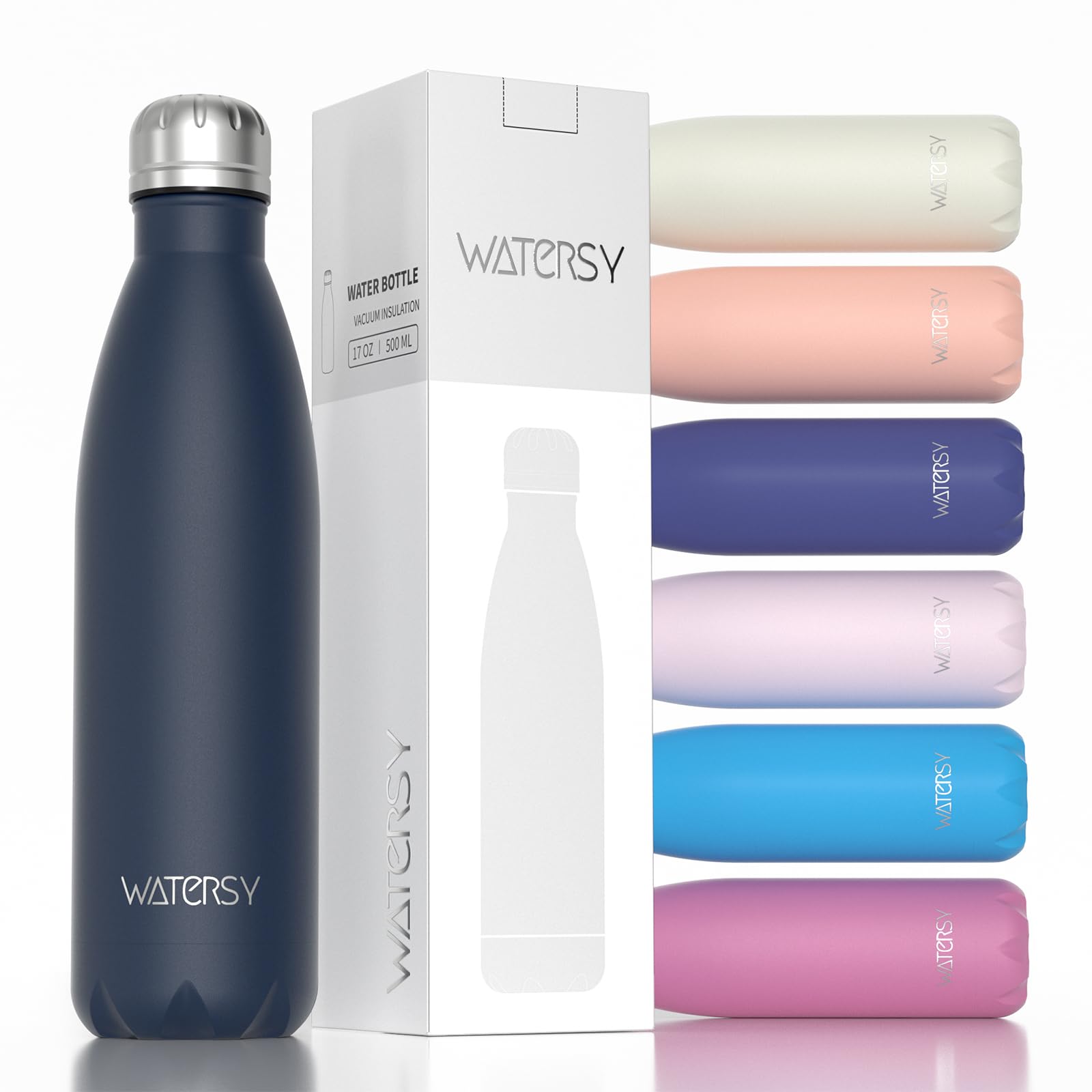 WATERSY Stainless Steel water bottles,17oz/500ml Insulated Water Bottles,Deep Blue metal water bottle Keeps Drink Cold and Hot,BPA Free kids water bottles for School,Gym,Travel,Sports
