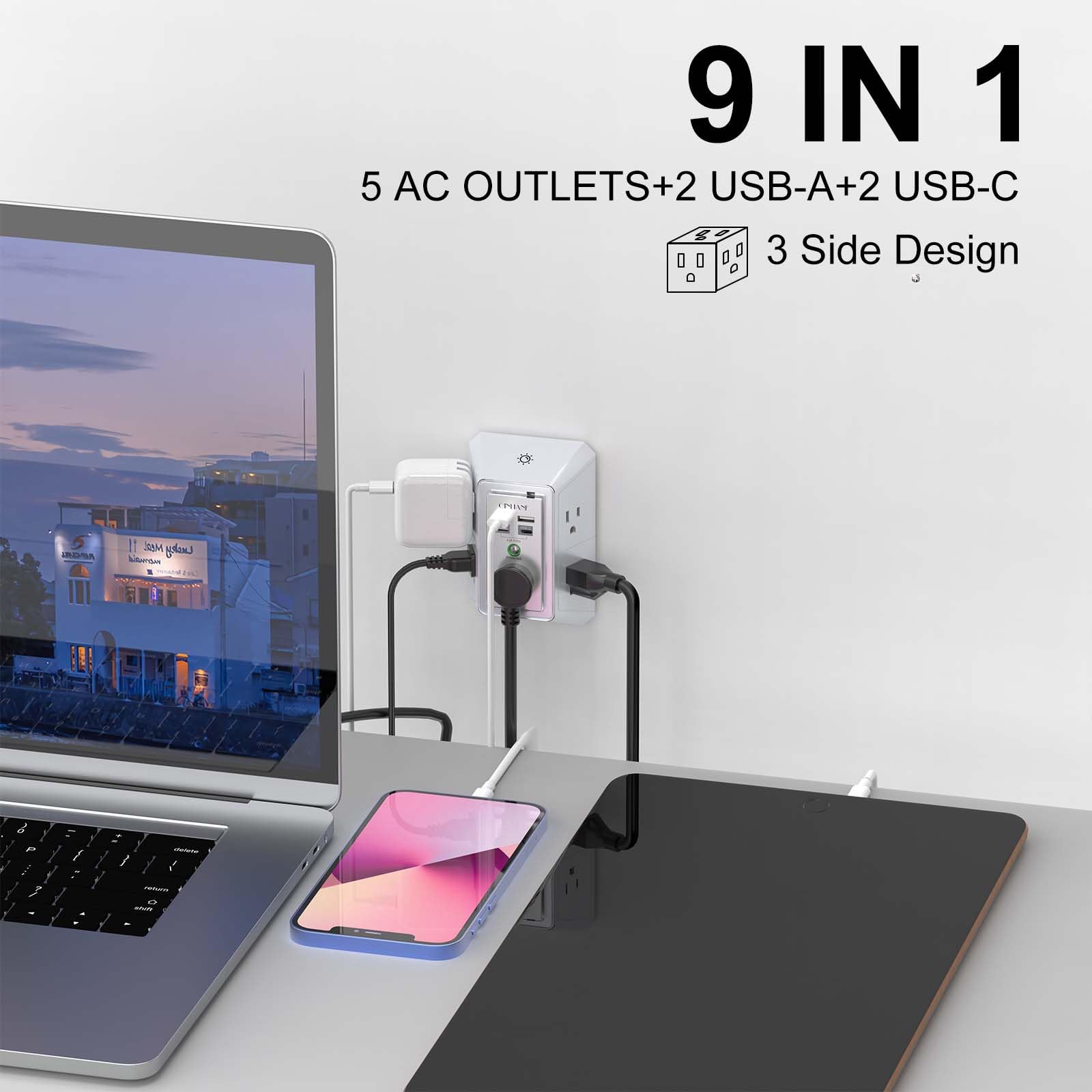 Wall Charger, Surge Protector, QINLIANF 5 Outlet Extender with 4 USB Charging Ports (4.8A Total) 3-Sided 1680J Power Strip Multi Plug Adapter Spaced for Home Travel Office (3U1C)