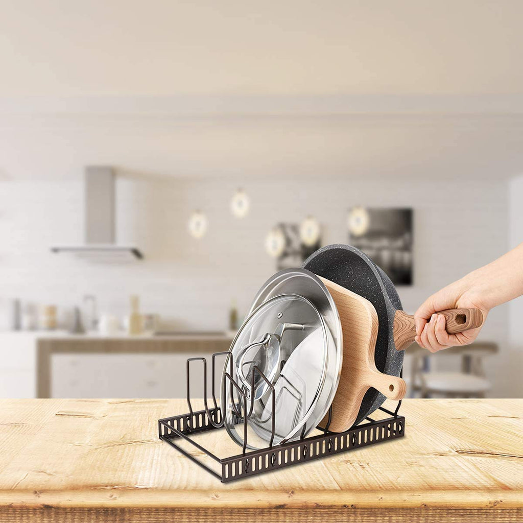 Toplife Pots and Pans Organizer Rack for Cabinet and Countertop, 10+ Pot Lids, Bakeware and Cookware Holder with 10 Adjustable Compartments - Black