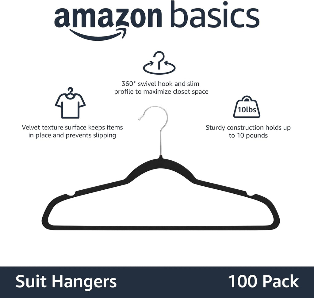 Amazon Basics Slim Velvet, Non-Slip Suit Clothes Hangers, Pack of 100, Black