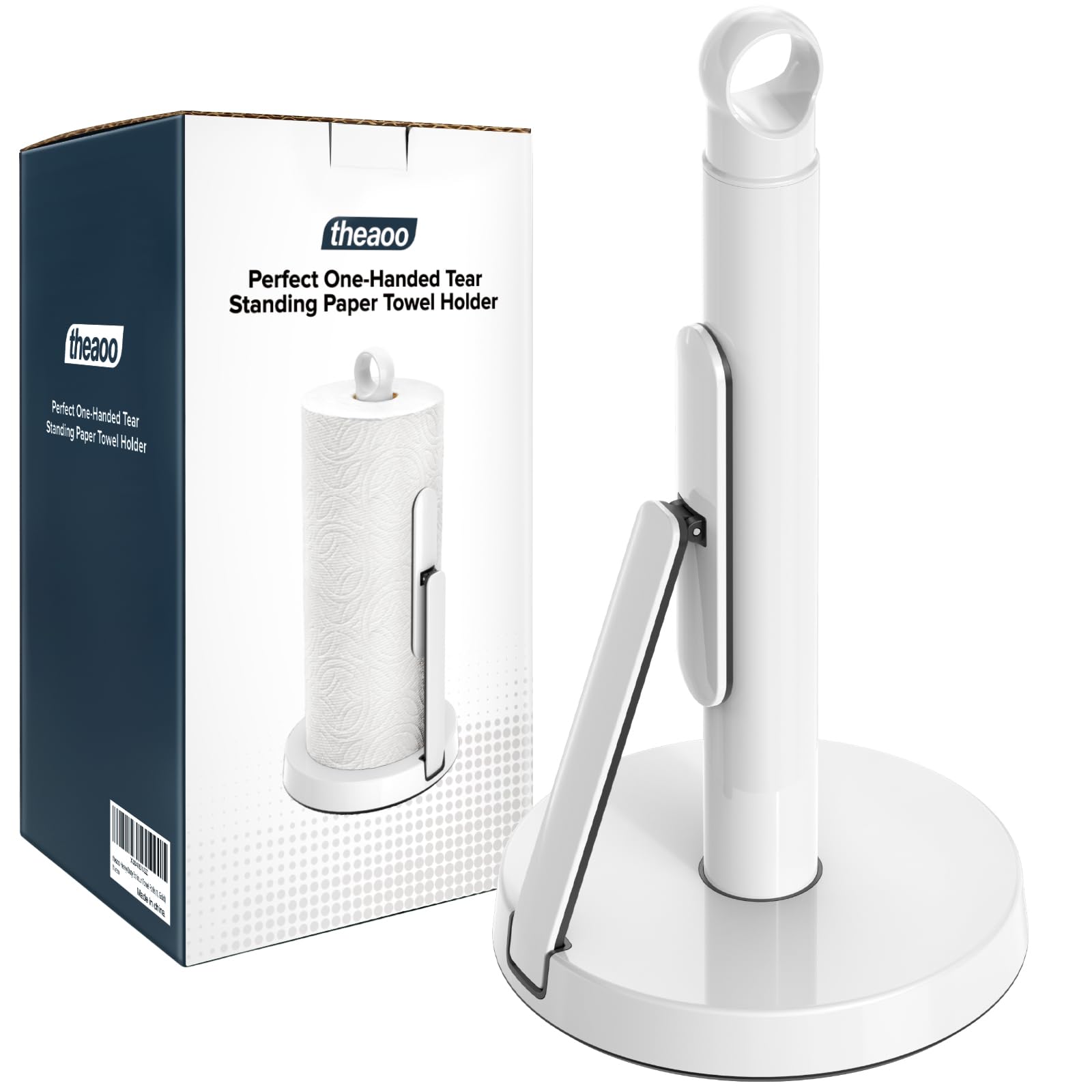 theaoo Heavy-Duty Stainless Steel Paper Towel Holder with Tension Arm – Easy One-Handed Tear, Modern Standing Countertop Dispenser for Kitchen, Holds All Paper Towel Rolls (1, Black)