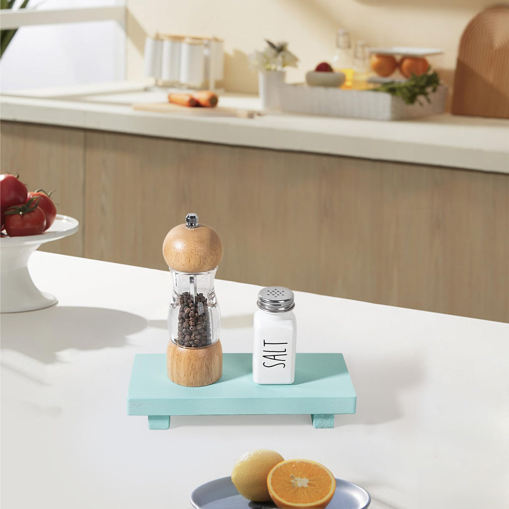 zoocatia Small Wood Tray Pedestal Stand Farmhouse Bathroom Decor Decorative Wooden Riser Kitchen Soap Dish Holder for Vanity, Counter, Sink, 9" x 5.9" - Black