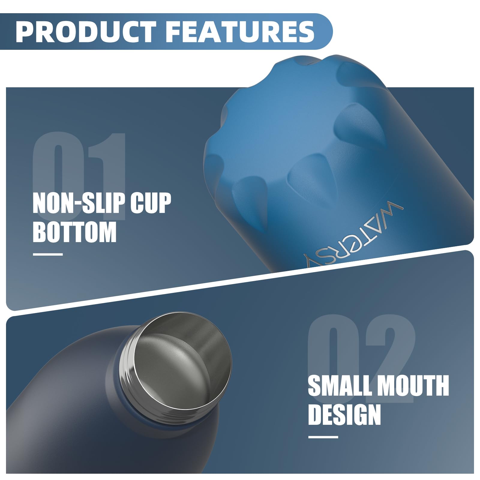 WATERSY Stainless Steel water bottles,17oz/500ml Insulated Water Bottles,Deep Blue metal water bottle Keeps Drink Cold and Hot,BPA Free kids water bottles for School,Gym,Travel,Sports