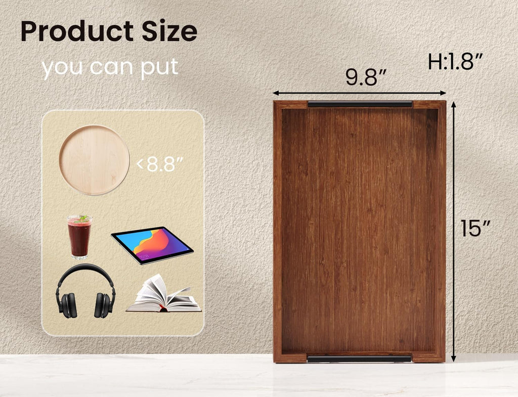 Bamboo Set of 2 Serving Tray with Metal Handles,Ottoman Decorative Trays Platter for Coffee Table,Living Room,Bar,Party(Black)