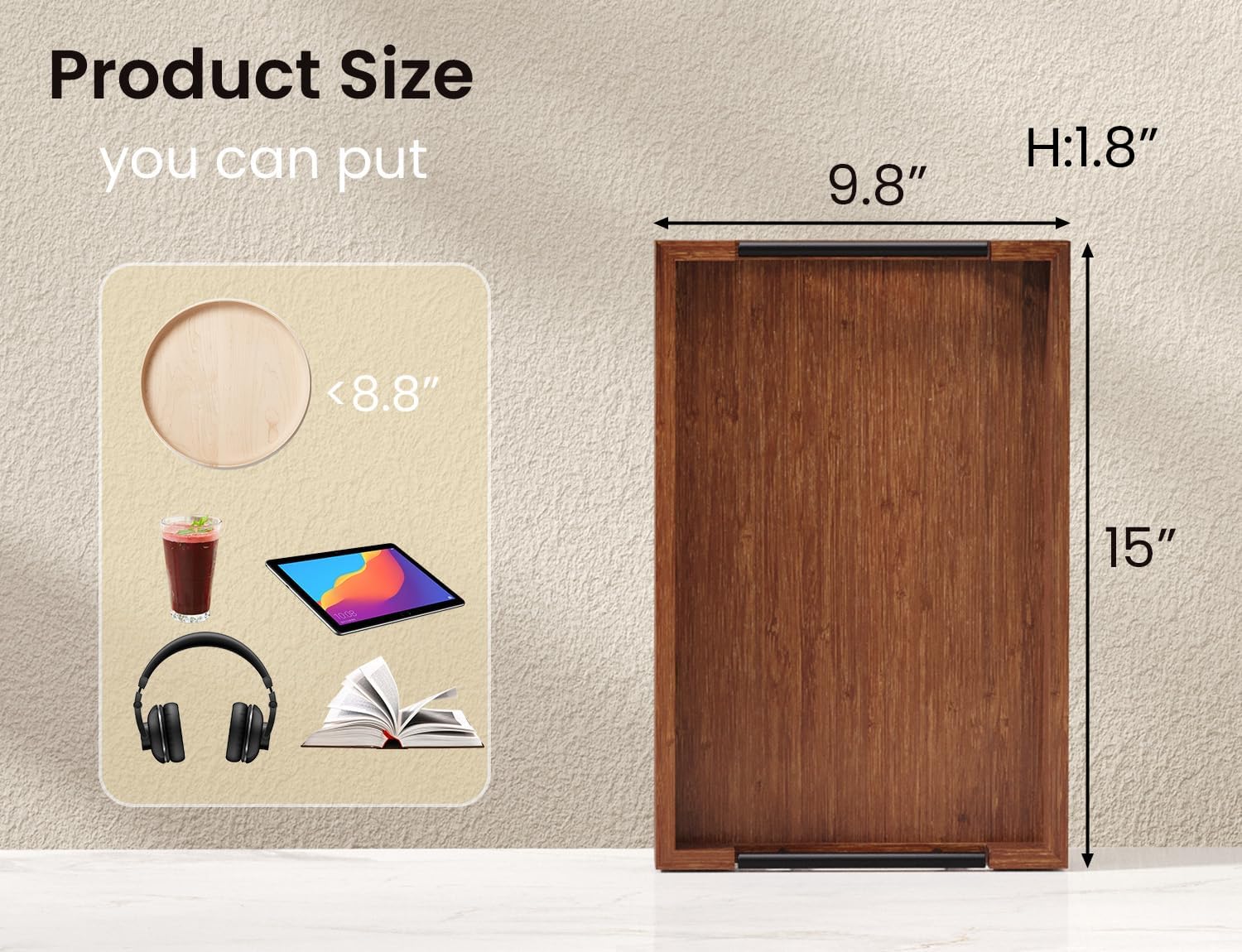 Bamboo Set of 2 Serving Tray with Metal Handles,Ottoman Decorative Trays Platter for Coffee Table,Living Room,Bar,Party(Black)