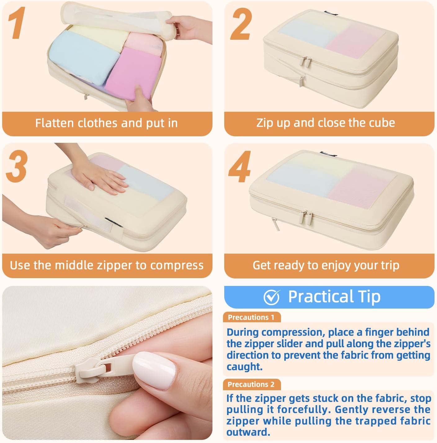 BAGAIL 4 Set/6 Set/8 Set Compression Packing Cubes Travel Accessories Expandable Packing Organizers (Square Mesh, 06-Beige)