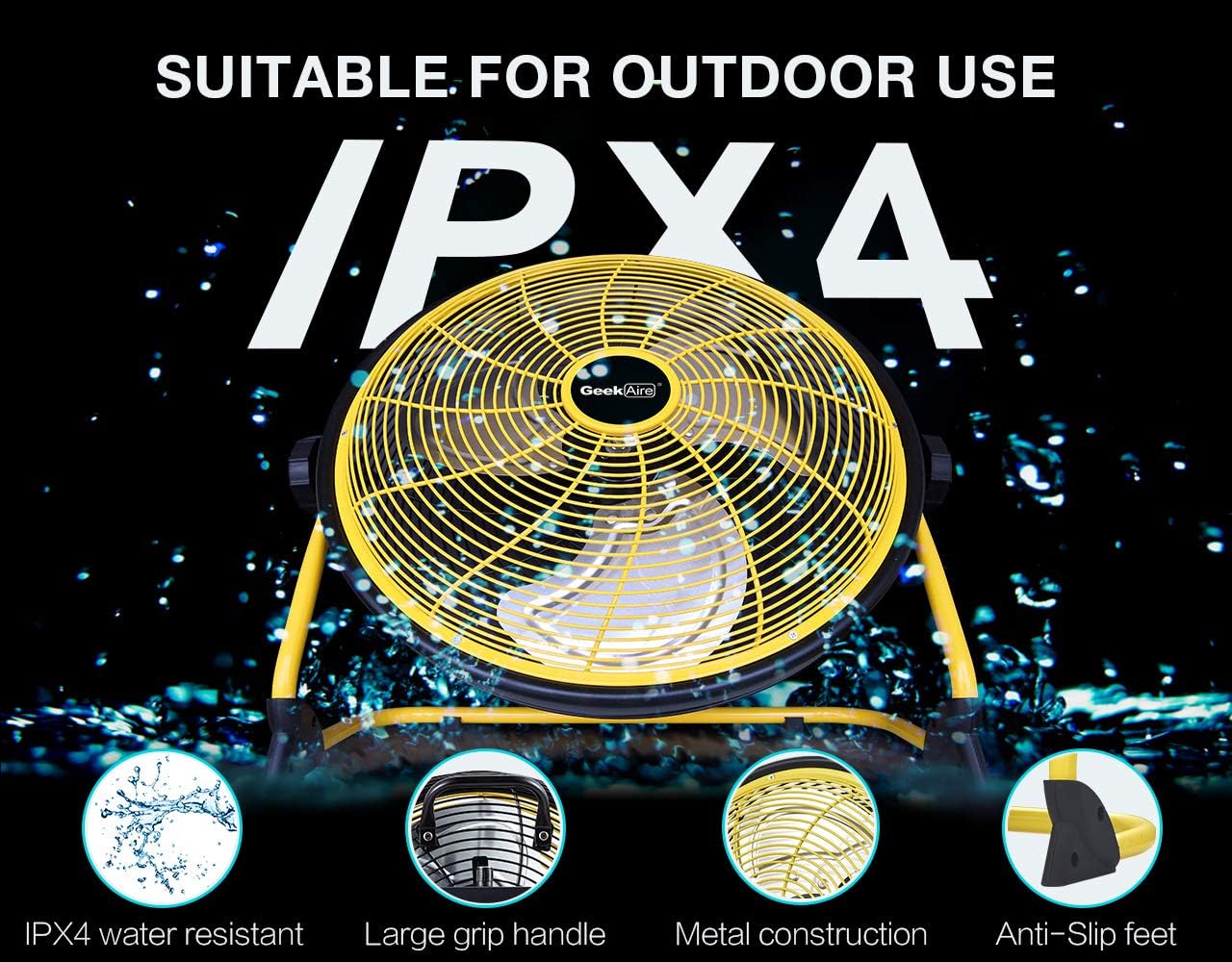 Geek Aire Rechargeable Outdoor High Velocity Camping Floor Fan, 16” Portable Battery Operated Fan with Metal Blade for Garage Camping Gear Accessories