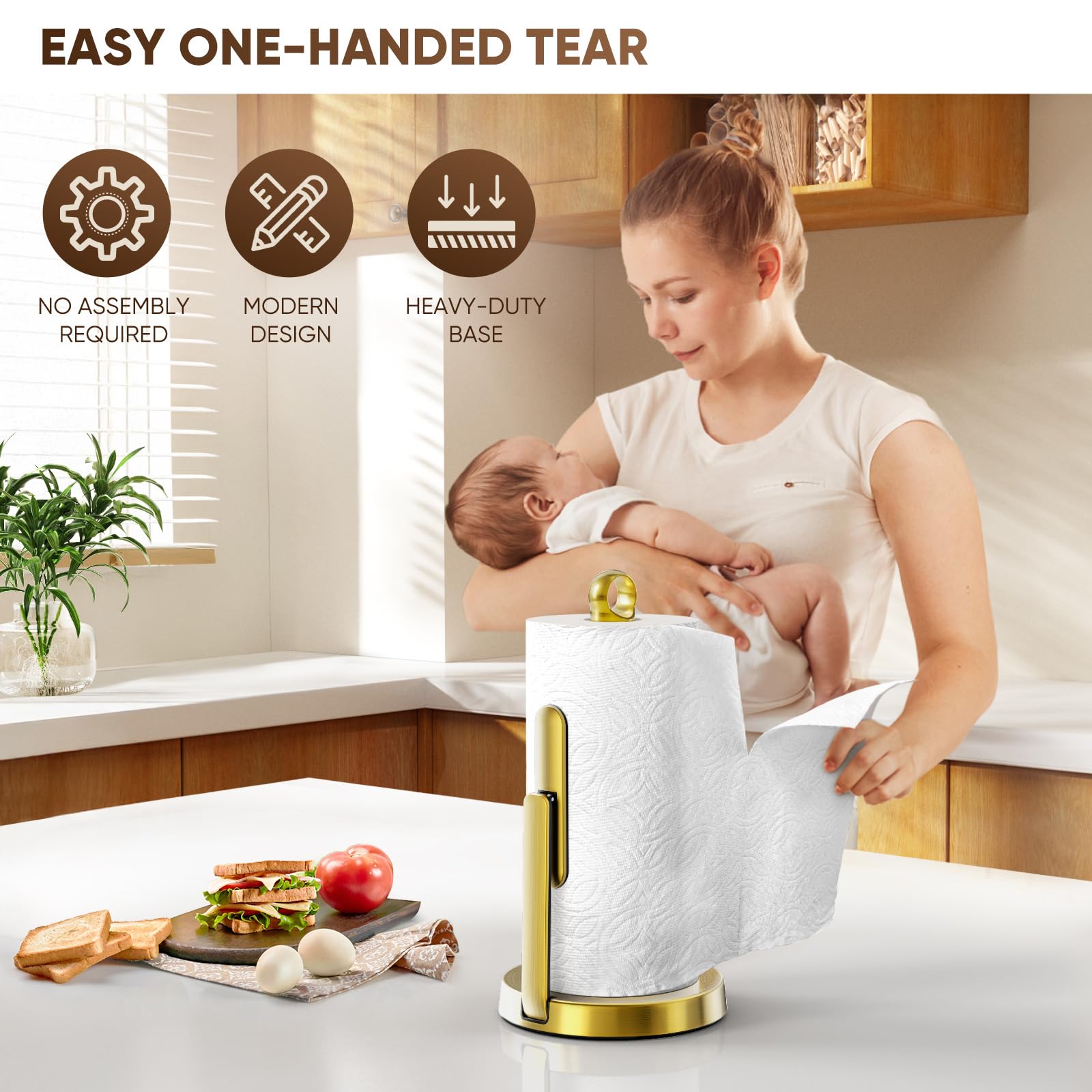 theaoo Heavy-Duty Stainless Steel Paper Towel Holder with Tension Arm – Easy One-Handed Tear, Modern Standing Countertop Dispenser for Kitchen, Holds All Paper Towel Rolls (1, Black)