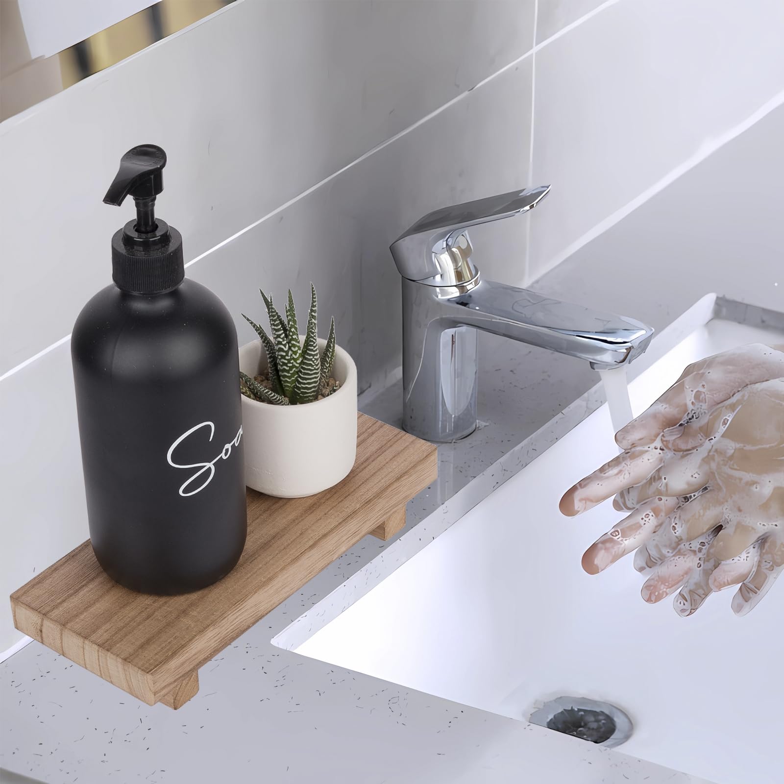 zoocatia Small Wood Tray Pedestal Stand Farmhouse Bathroom Decor Decorative Wooden Riser Kitchen Soap Dish Holder for Vanity, Counter, Sink, 9" x 5.9" - Black