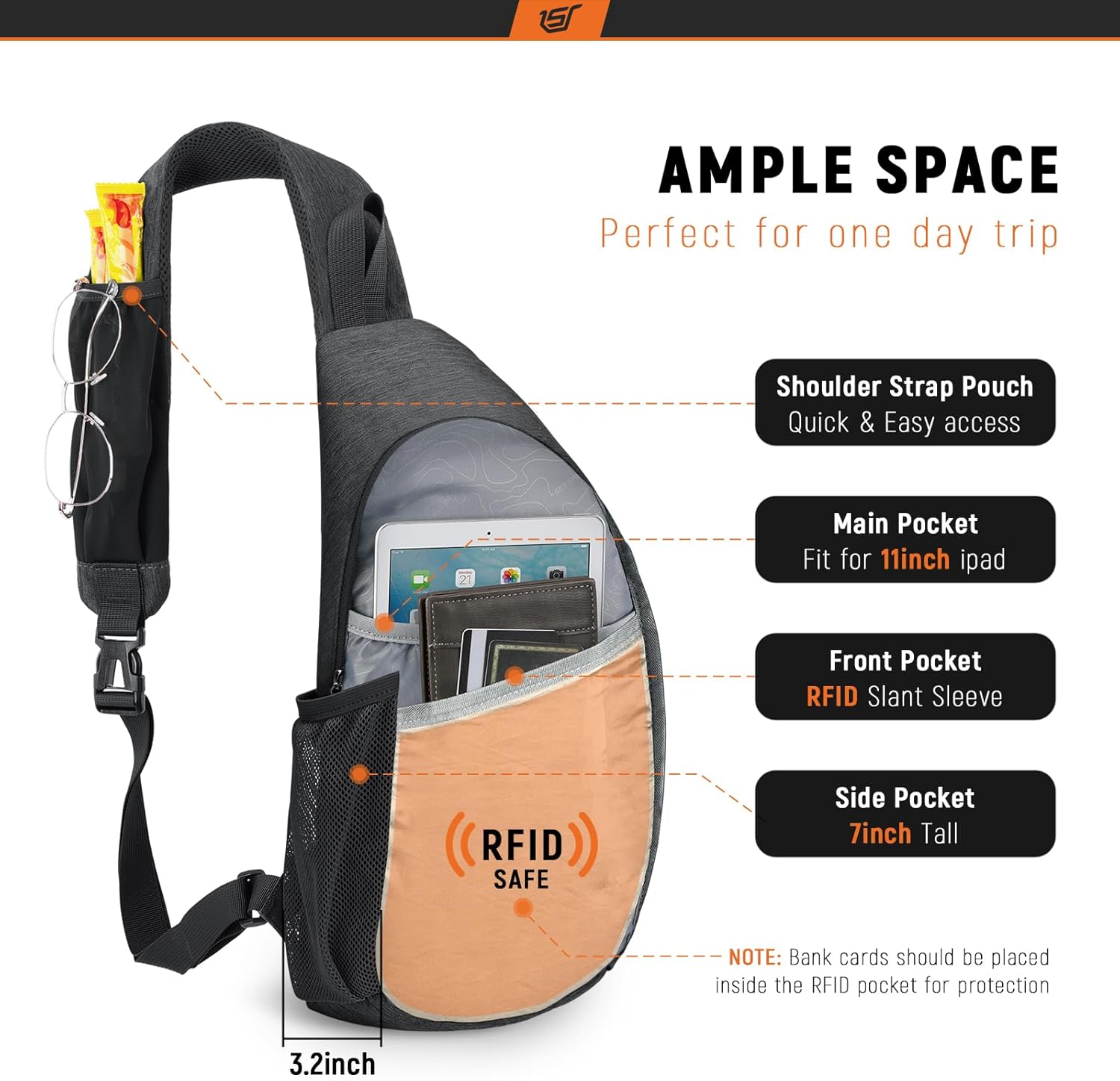 SKYSPER Sling Bag RFID Crossbody Sling Backpack Cross Body Shoulder Travel Bag Hiking Daypack for Women Men(Black)