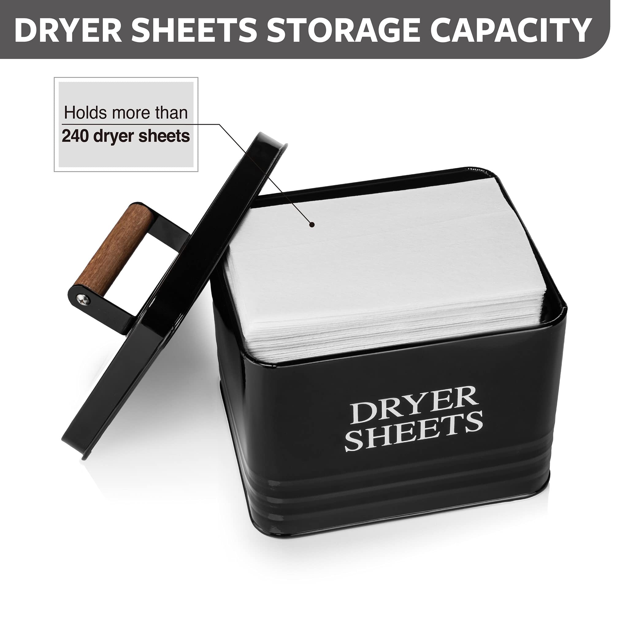 Calindiana Modern Farmhouse Metal Laundry Dryer Sheets Holder Fabric Softener Dispenser with Lid for Laundry Room Decor and Accessories and Space Saving Laundry Organization and Storage, Glossy Black
