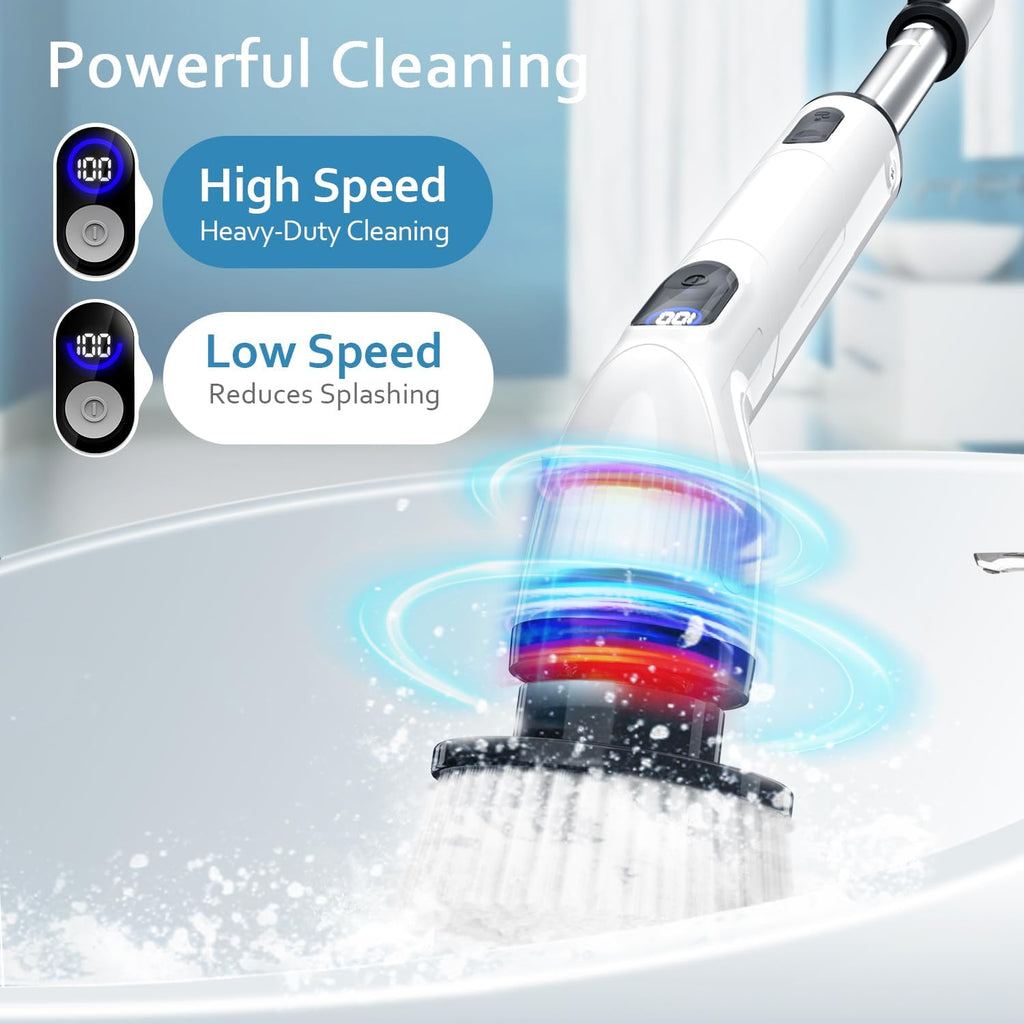 TUYU Electric Spin Scrubber, Full-Body IPX7 Waterproof Bathroom Scrubber with Power LCD Display, Adjustable Extension Handle, Cordless Shower Cleaner Brush for Bathtub Kitchen Wall Cleaning