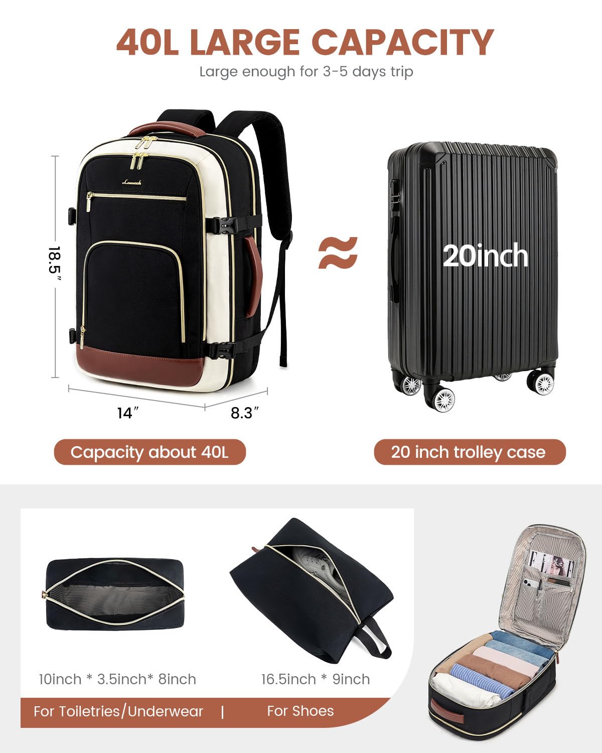 LOVEVOOK Carry On Travel Backpack For Women Men Flight Approved, 40L Personal Item Backpack for Airplanes, Business Weekender Overnight Daypack Fits 17 Inch Laptop, With 2 Packing Cubes, Black