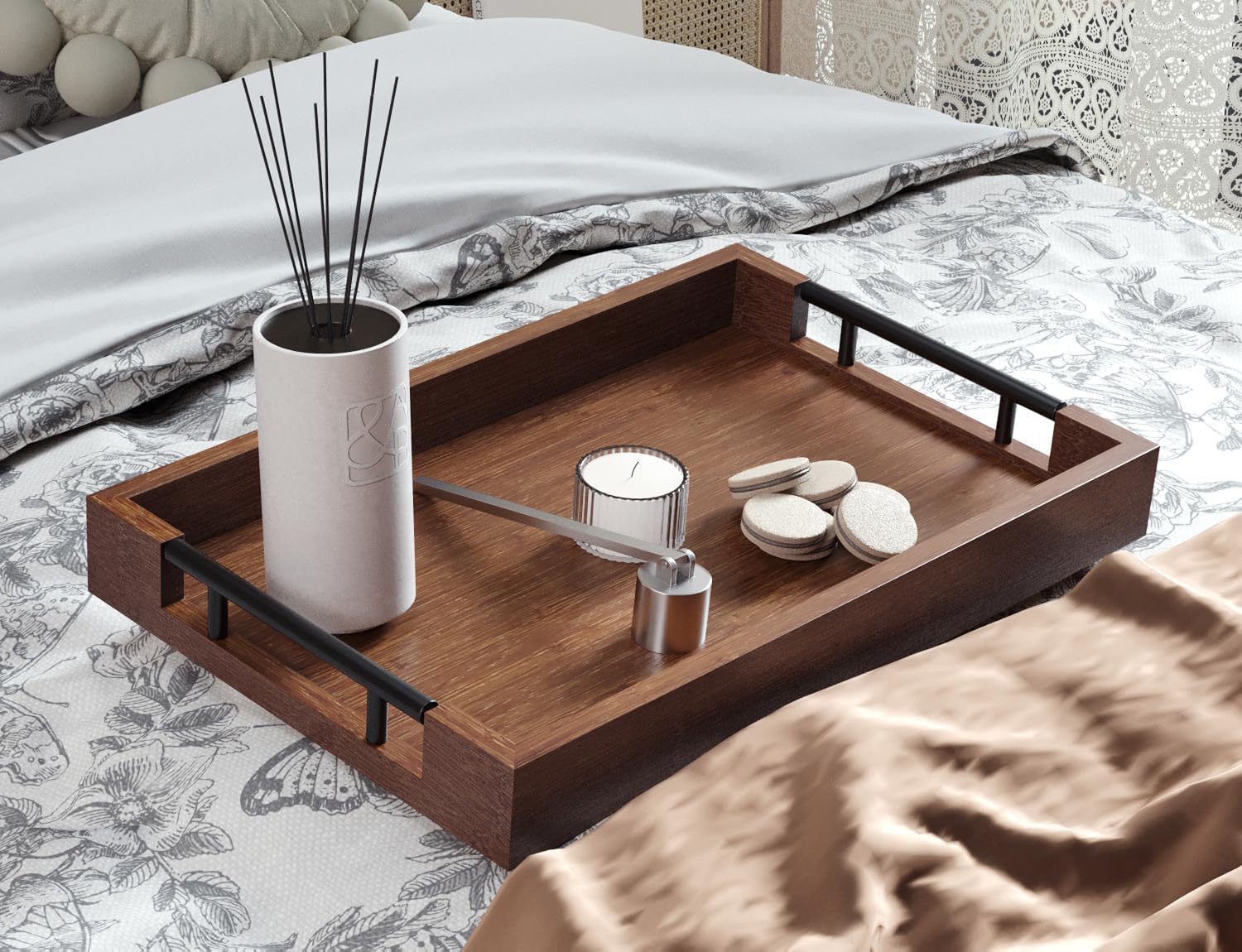 Bamboo Set of 2 Serving Tray with Metal Handles,Ottoman Decorative Trays Platter for Coffee Table,Living Room,Bar,Party(Black)