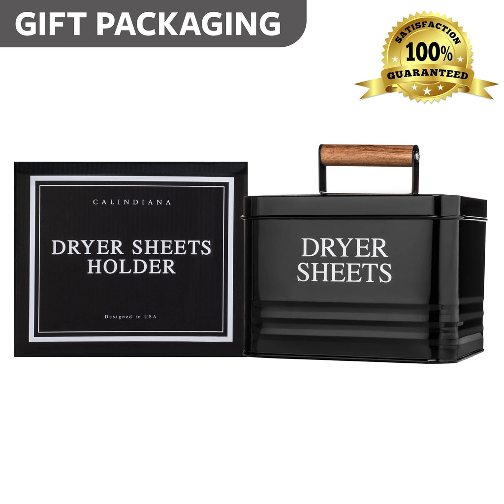 Calindiana Modern Farmhouse Metal Laundry Dryer Sheets Holder Fabric Softener Dispenser with Lid for Laundry Room Decor and Accessories and Space Saving Laundry Organization and Storage, Glossy Black