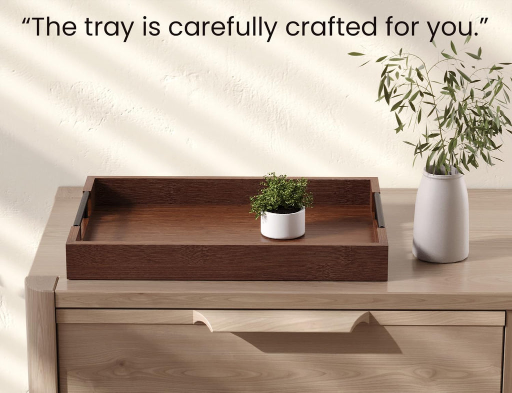 Bamboo Set of 2 Serving Tray with Metal Handles,Ottoman Decorative Trays Platter for Coffee Table,Living Room,Bar,Party(Black)