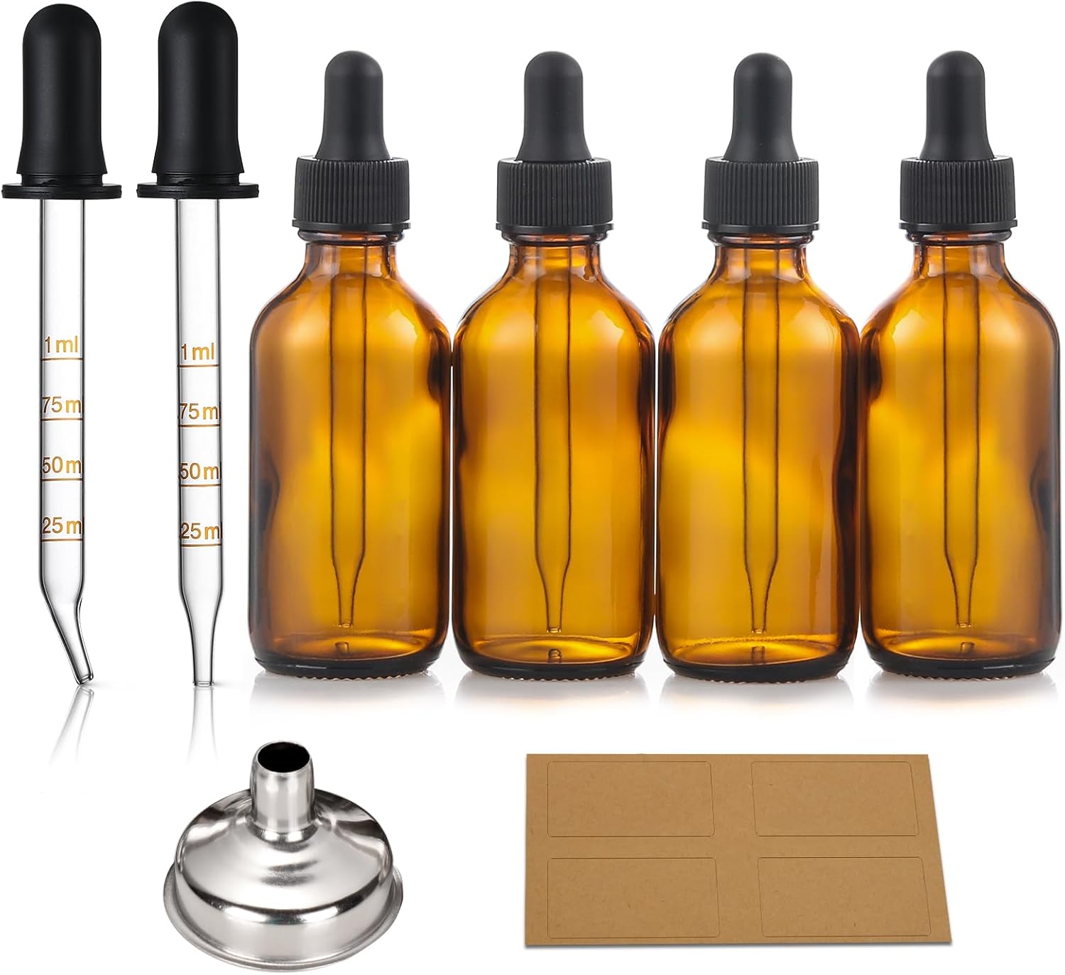 4 Pack, 2 oz Bottles with Dropper & 1 Funnel & 4 Labels - Essential Oils Bottles for Health, Personal Care & Beauty - 60ml Thick Dark Amber Glass Tincture Bottles, Refillable Cosmetic Containers